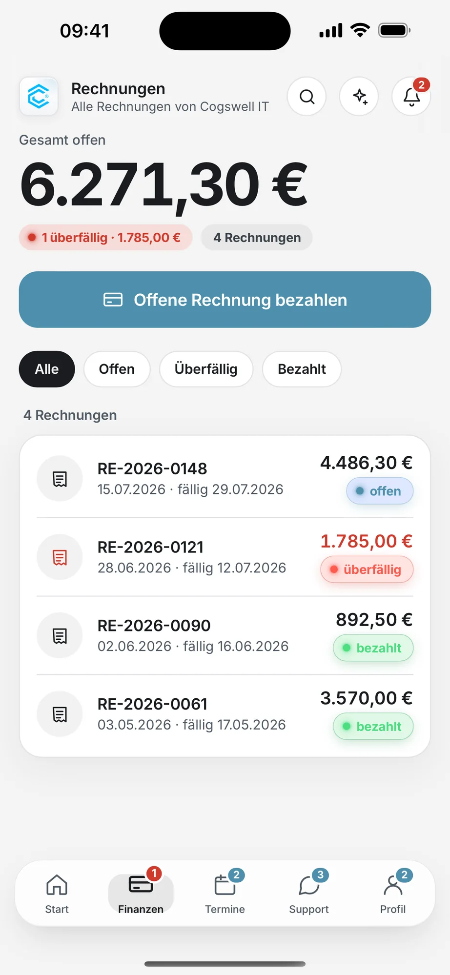 Cogswell IT App: Rechnungen im Blick