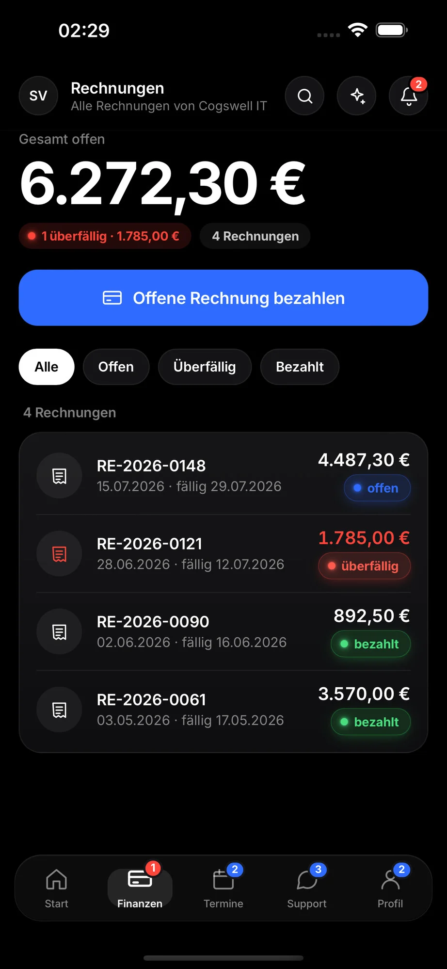 Cogswell IT App: Rechnungen im Blick