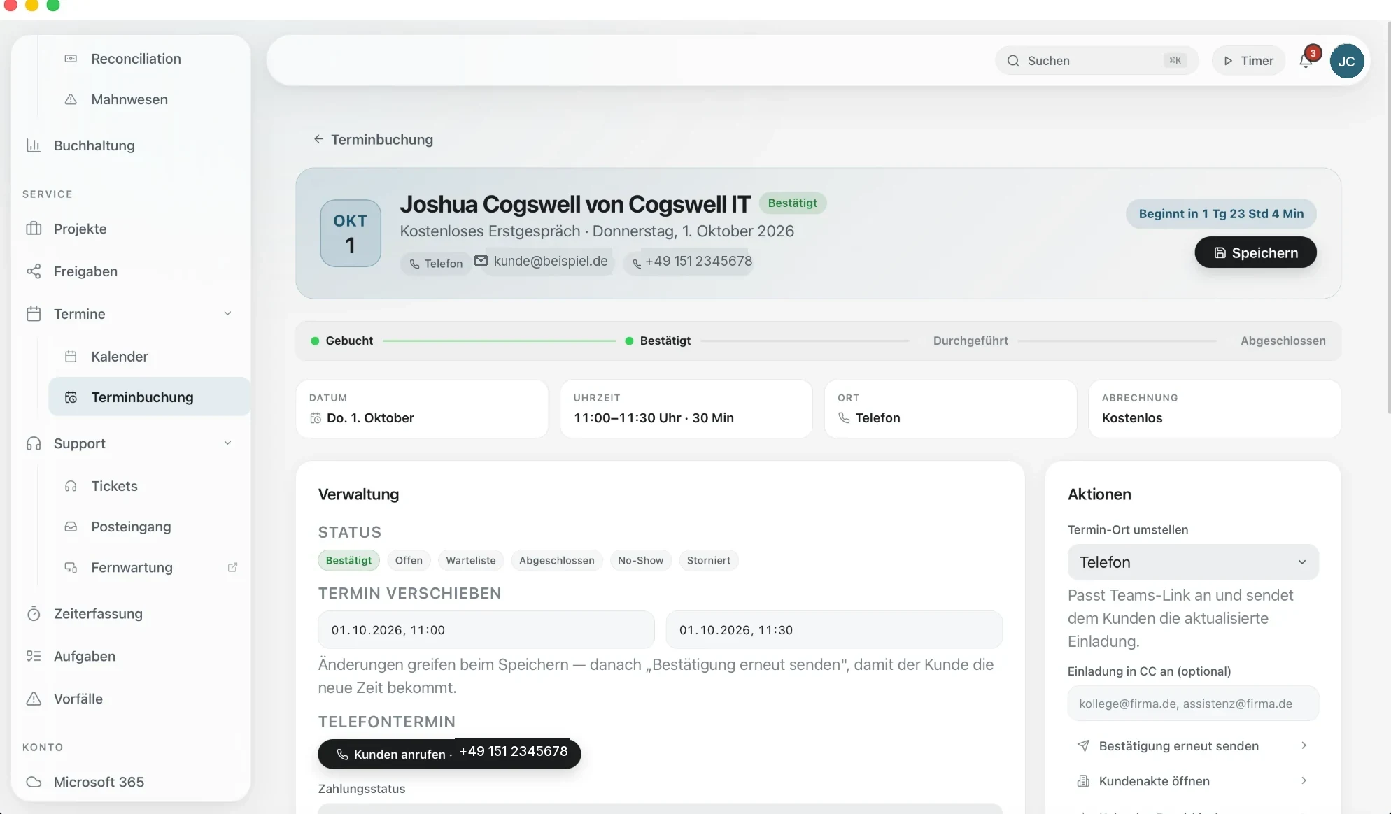 Terminbuchung in CXHUB nach einer Portal-Buchung: bestätigter Termin mit Statuskette und Aktionen, anonymisierte Ansicht