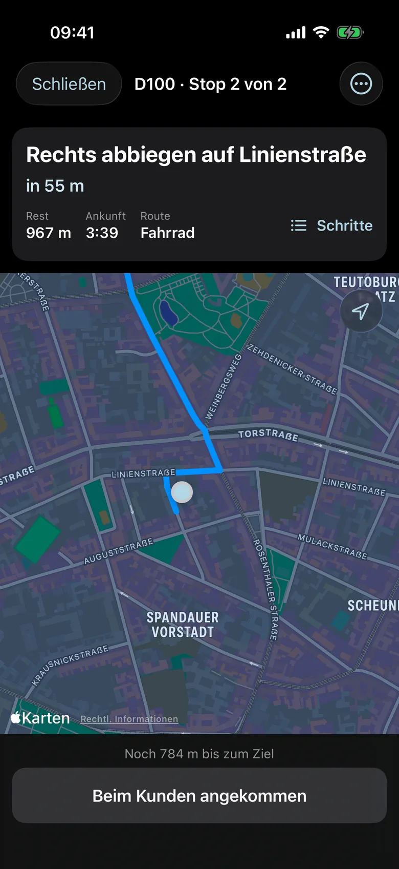Navigation in the driver app: bike route to the delivery address, turn instruction, 1.0 kilometers to go