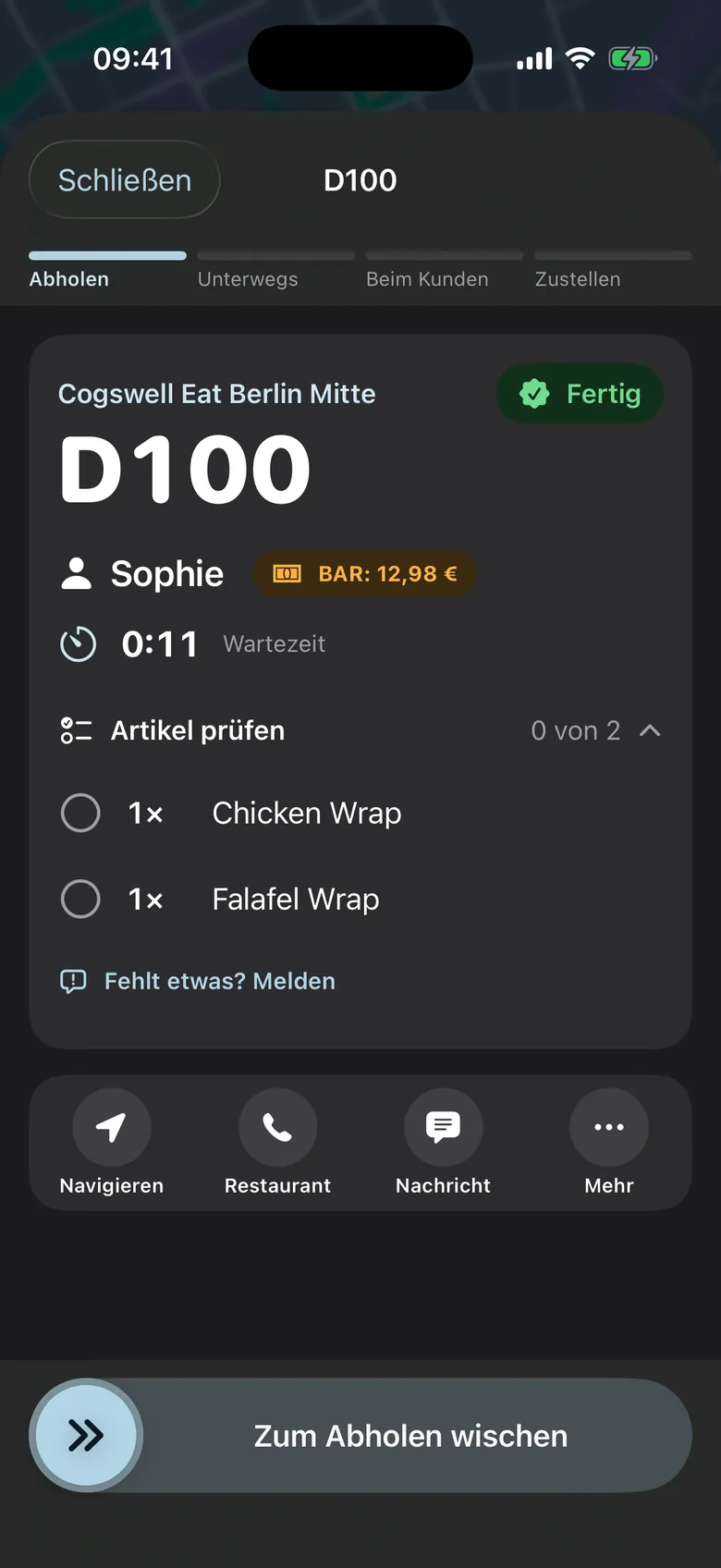 Driver app at pickup: order D100 is ready, item checklist with Chicken Wrap and Falafel Wrap, swipe to pick up