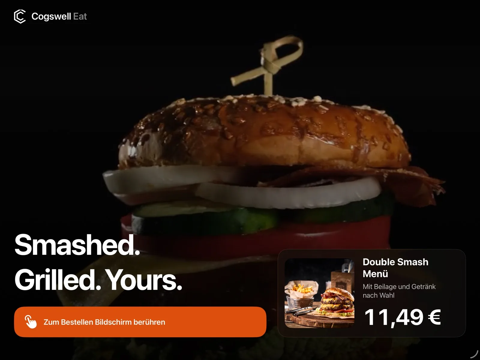 Self-Order-Kiosk von Cogswell Eat auf dem iPad: Startbildschirm mit Double Smash Menü für 11,49 Euro