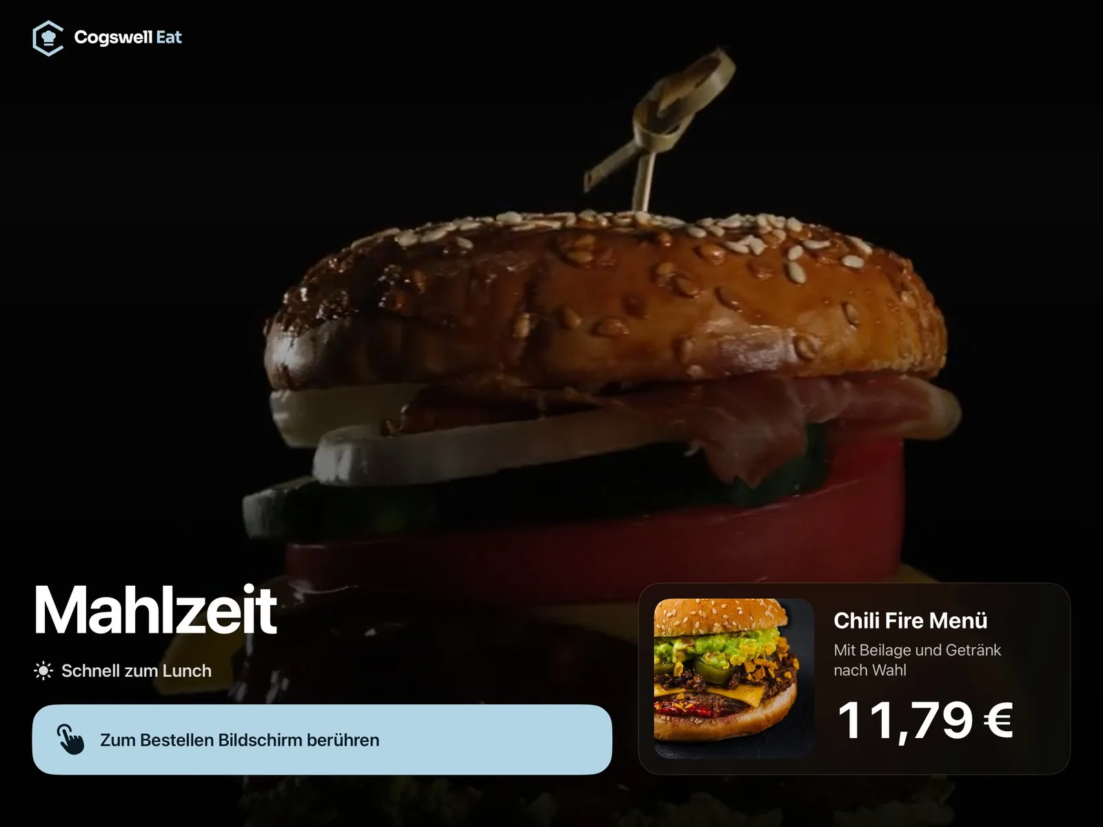 Cogswell Eat self-order kiosk on the iPad: welcome screen with the Chili Fire Meal deal for €11.79