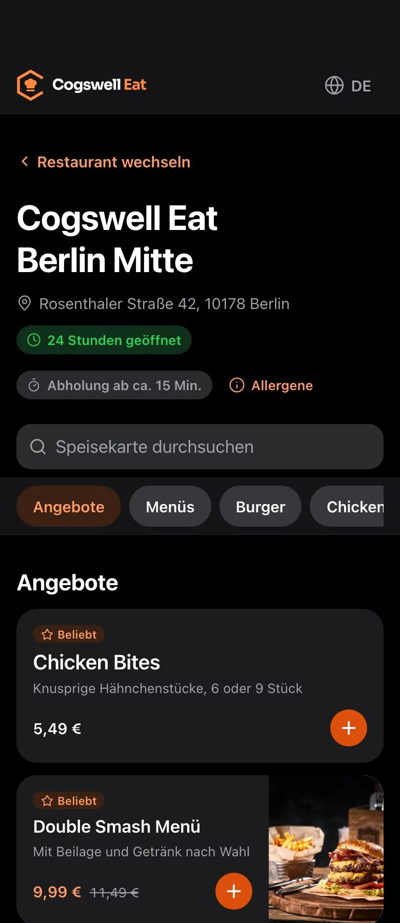 Online-Bestellung: Speisekarte mit Angeboten auf dem Smartphone