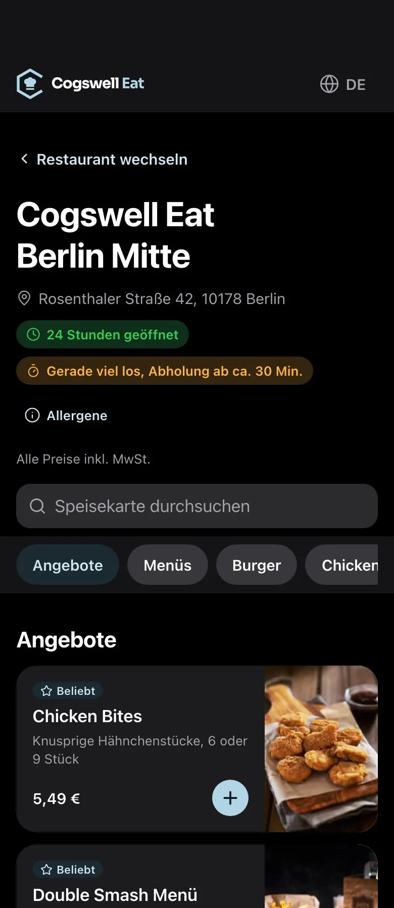 Online ordering: menu with deals on a smartphone