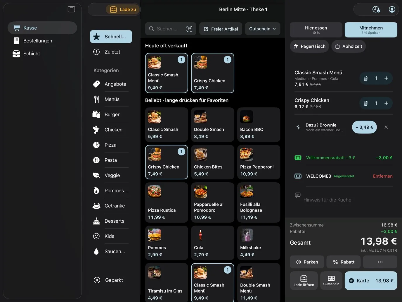 iPad POS with product tiles, a ticket with Classic Smash Meal and Crispy Chicken, coupon WELCOME3 and a total of €13.98