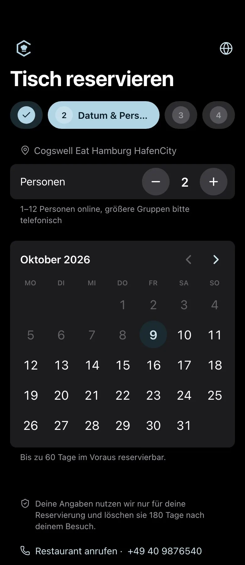 Reservations: choosing a date and party size