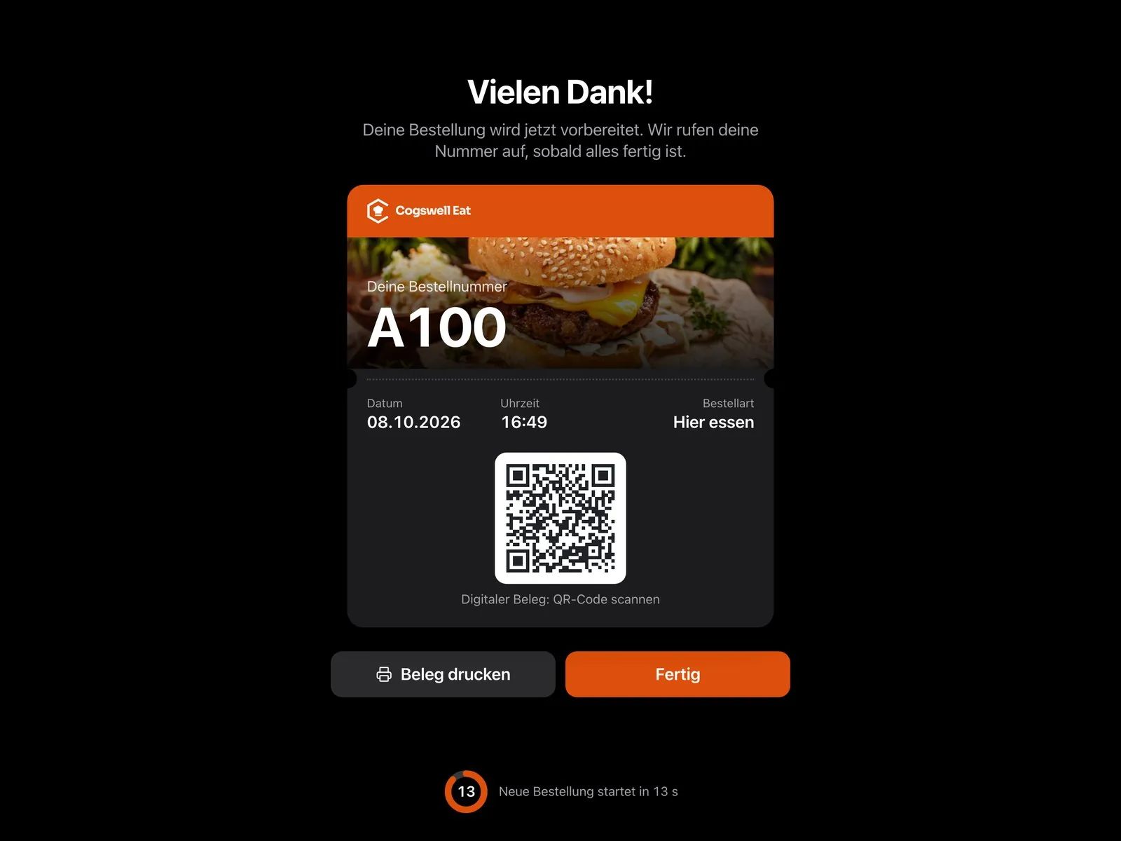 Bestätigung mit Bestellnummer A100 und digitalem Beleg per QR-Code