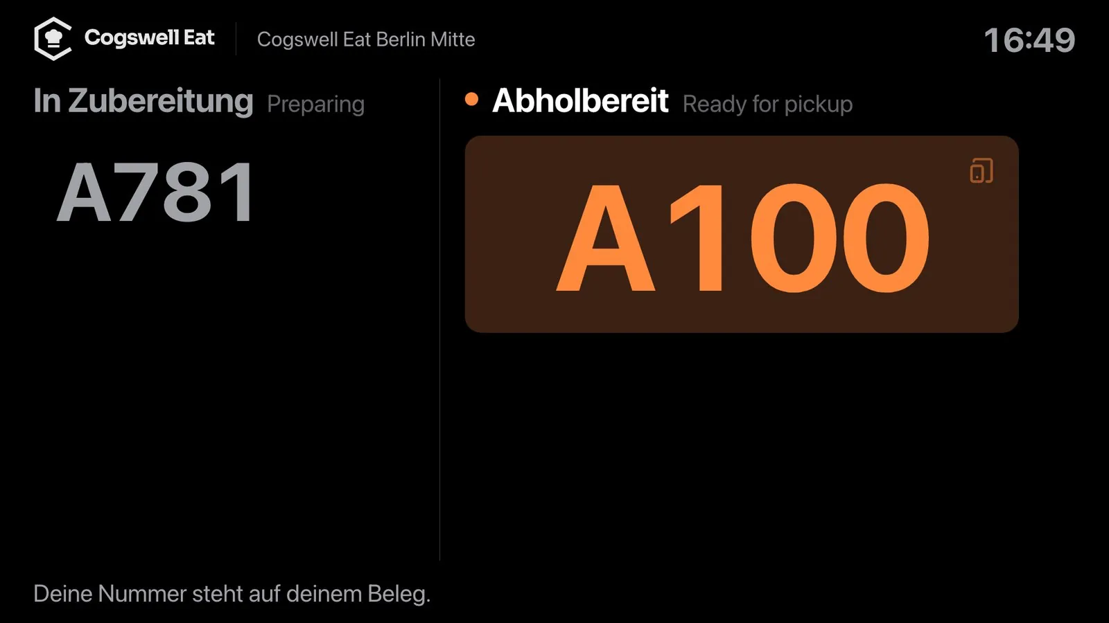 Abholanzeige auf dem Monitor: A100 ist abholbereit