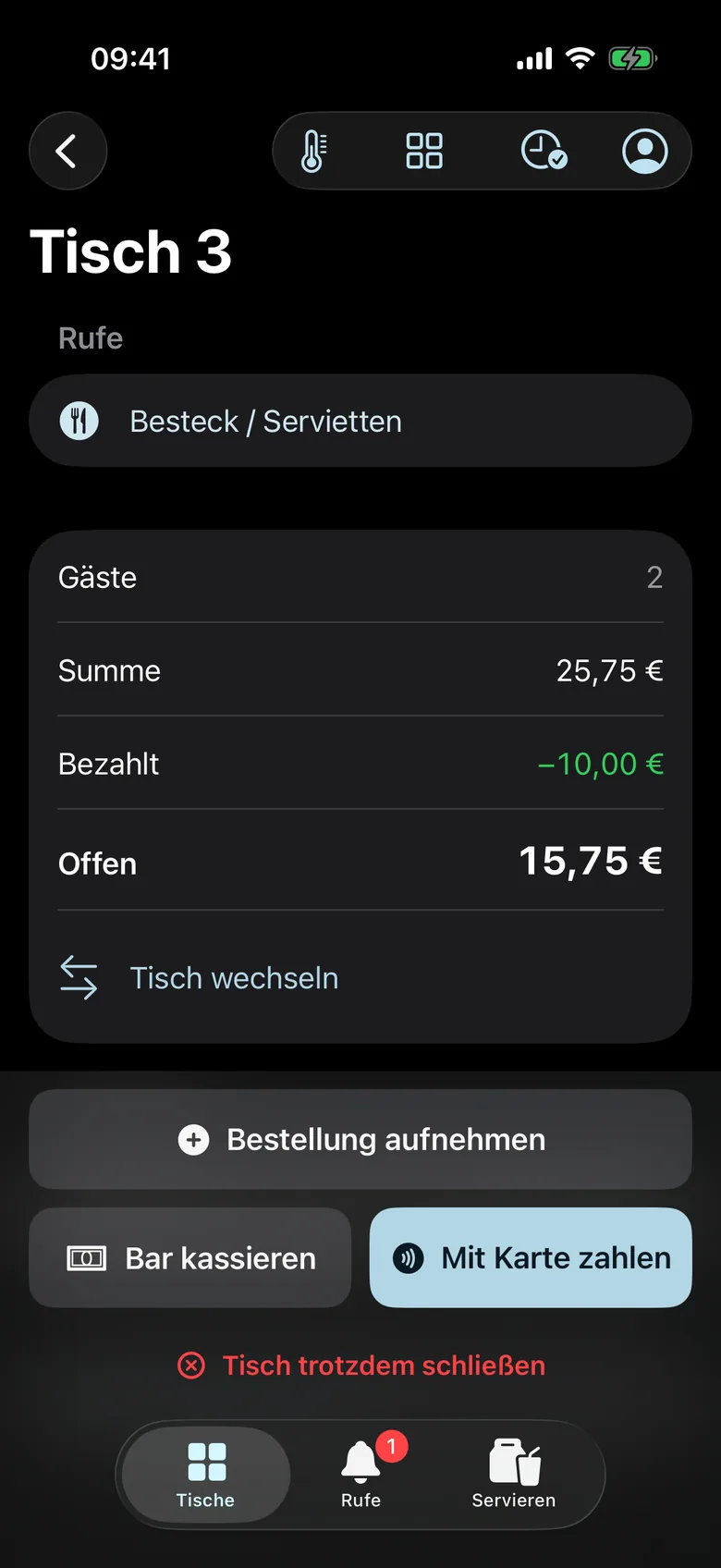 Waiter app: table 3 with two guests, total, amount already paid, open balance and buttons for cash and card payment