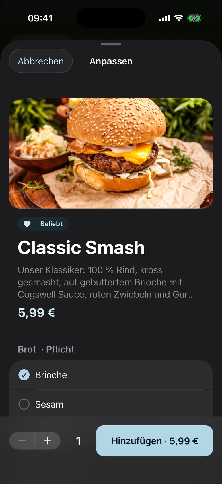 Waiter app: configurator for the Classic Smash with product photo, bun as a required choice and an Add button for €5.99