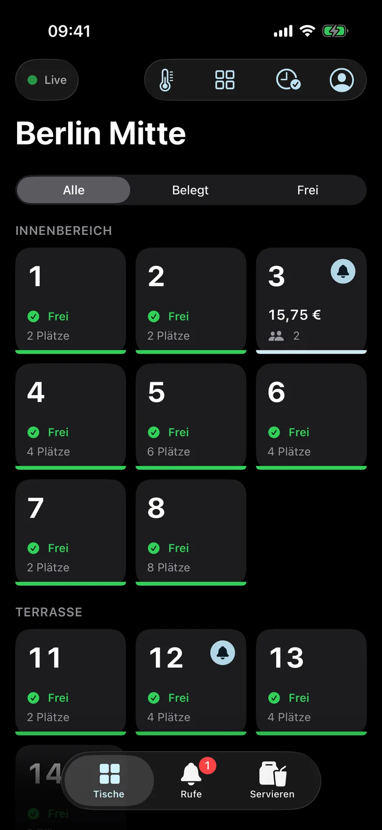 Waiter app: Berlin Mitte table overview with indoor and terrace sections, table 3 occupied with €15.75 open, calls from tables 3 and 12