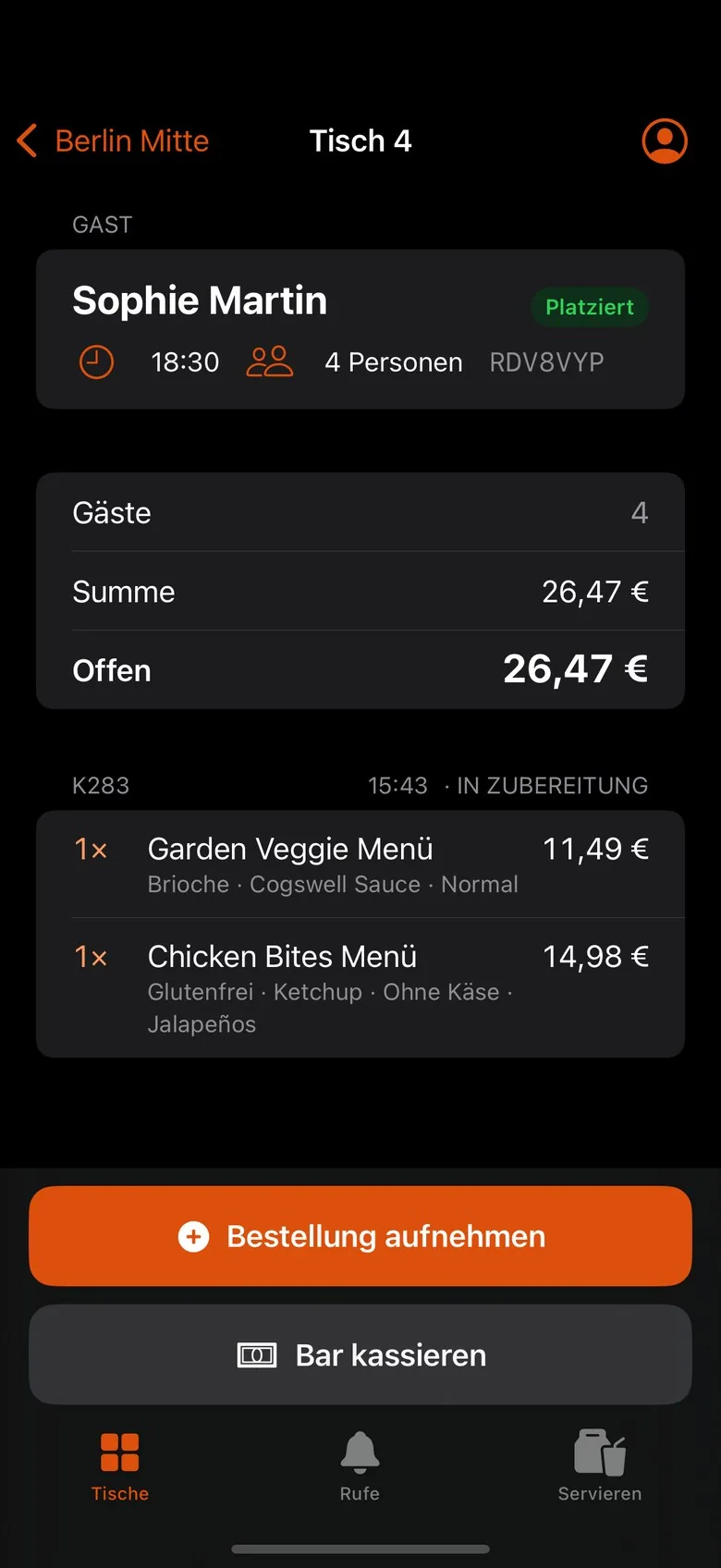 Kellner-App am iPhone: Tisch 4 mit Reservierung, offener Summe und Bestellung