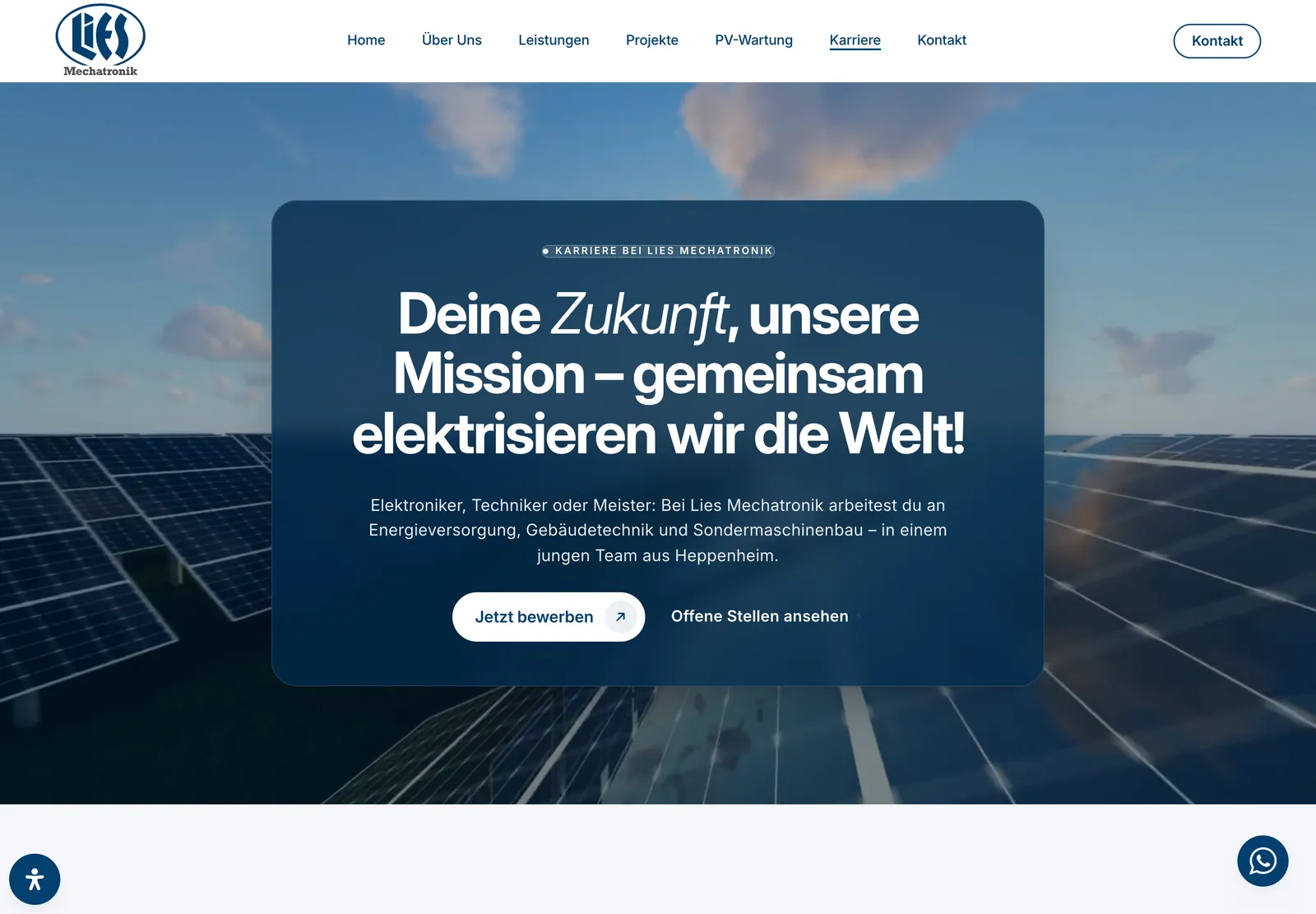 Karriereseite von Lies Mechatronik: Photovoltaik-Anlage mit der Überschrift „Deine Zukunft, unsere Mission"
