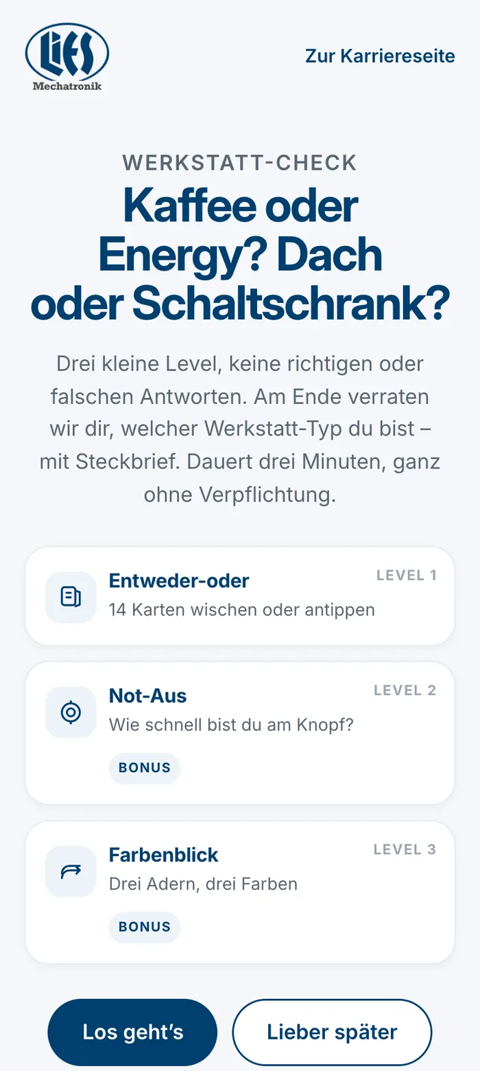 Werkstatt-Check von Lies Mechatronik: spielerischer Selbsttest in drei Leveln auf dem Smartphone