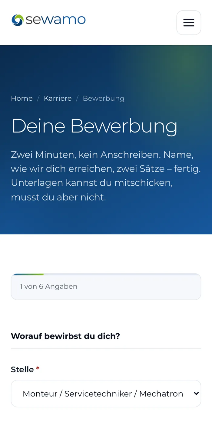 Mobiles Bewerbungsformular der Sewamo GmbH: kurze Strecke mit sechs Angaben