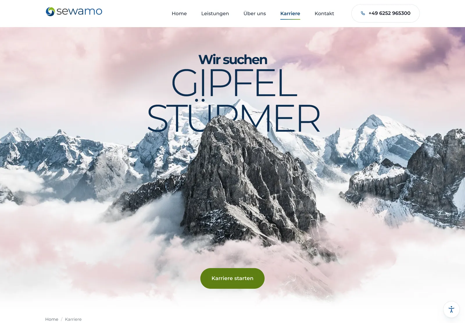 Karriereseite der Sewamo GmbH: Bergpanorama mit der Überschrift „Wir suchen Gipfelstürmer"
